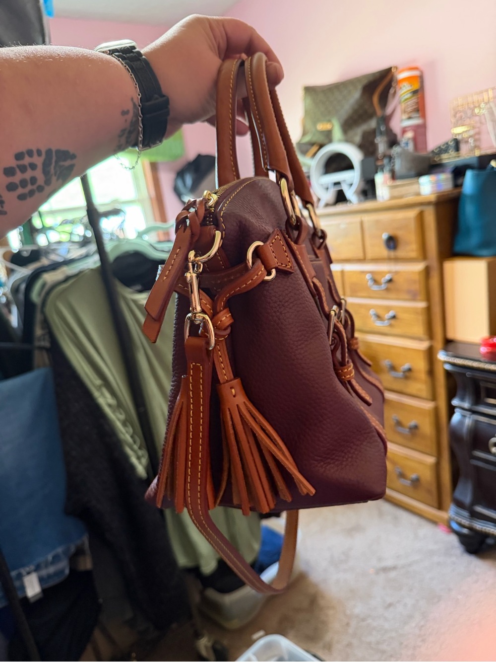 Dooney & Bourke Burgundy/Plum Bristol Satchel with Brown Trim and Gold Hardware - Picture 2 of 6